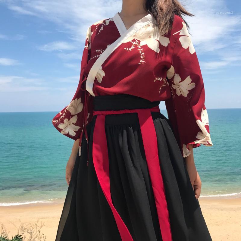 

Girls Japanese Style Retro Kimono Floral Long Sleeve Woman Party Dress Summer Fashion Outfits Top Bow Skirt Haori For Female