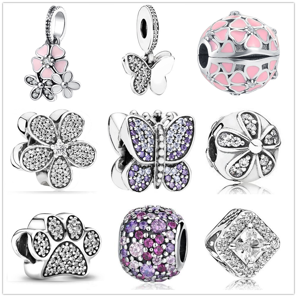 

925 Sterling Silver Dangle Charm Newst pink Daisy Flower Butterfly Charm Bead Fit Pandora Charms Bracelet DIY Jewelry Accessories