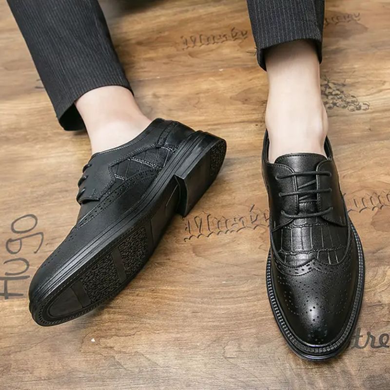 

High Quality Brogue Shoes Men PU Leather Solid Color Lace Casual Round Toe Fashion Hollow Carved British Business Formal Shoes HM423, Clear