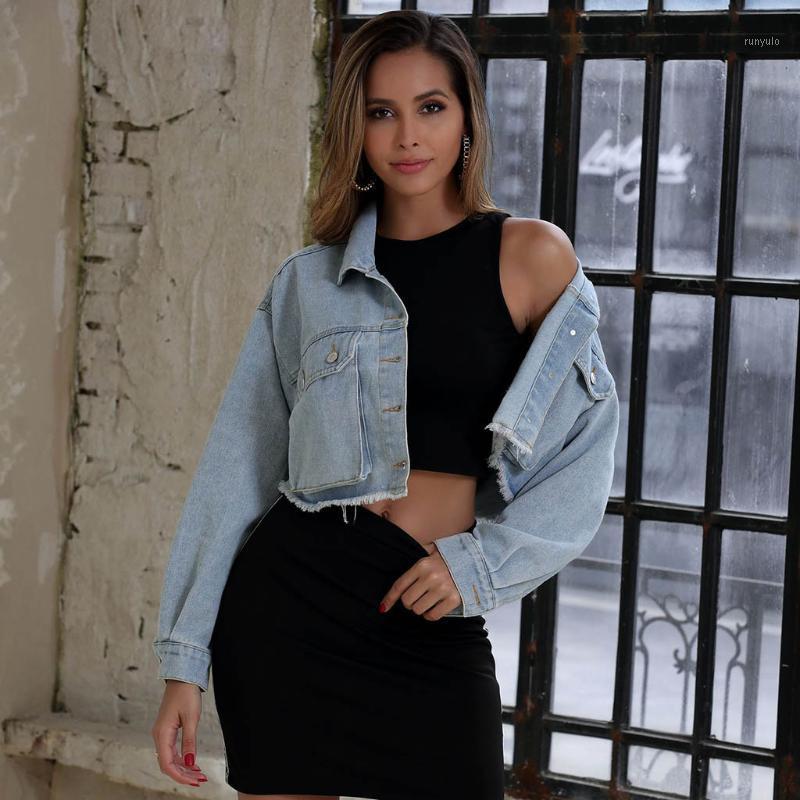 

Women's Jackets Women Frayed Denim Bomber Jean Jacket Basic Button Up Lady Casual Vintage Outwear Autumn Female Fashion Coat Streetwear, Blue-co-brand