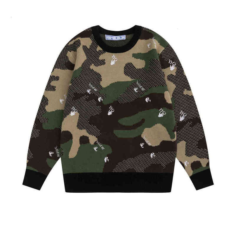 

Off Fashion T-shirts Winter 2021 Autumn and New All Over Print Finger Letters Camouflage Round Neck Knitted Sweater Men' Women' Hair
