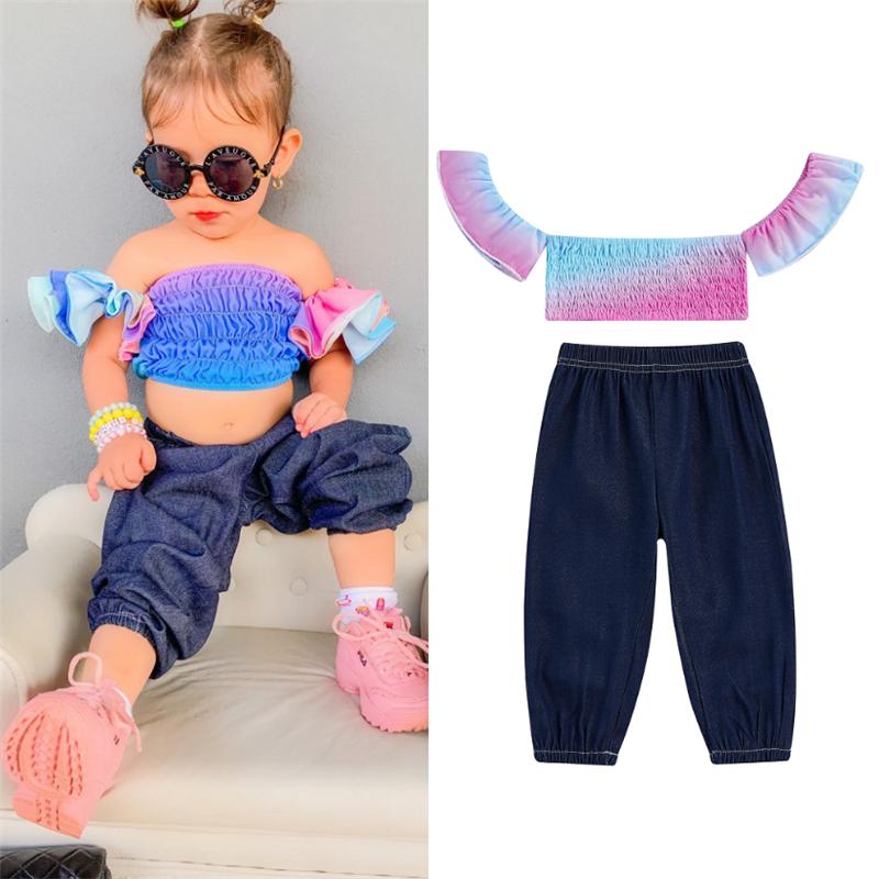

Clothing Sets Fashion Children Kids Girl Clothes 2pcs Off Shoulder Ruffle Sleeves Colorful Ruched Bandeau Tops And Denim Pants 6M-4YClothing, As pic