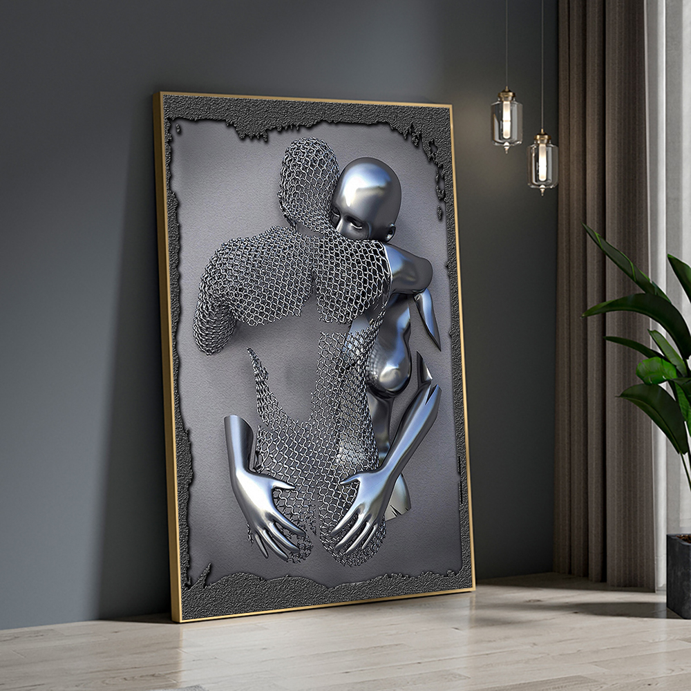 

Nordic Couples Metal Figure Statue Wall Art Canvas Painting Lover Sculpture Poster Print Wall Picture for Living Room Home Decor
