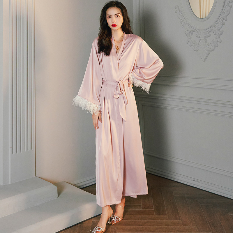 

High Quality Women's Pajamas Robe Feather Cuff Sleeprobe Luxury Style Silk Like Casual Homewear Nightgown, Pink