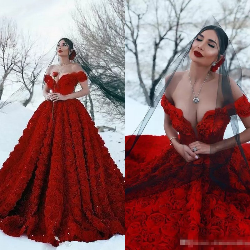 2022 Robes de mariée robe de bal rouge foncé avec 3D Rose fleurs cathédrale train arabe Moyen-Orient église hors épaule dos nu robes de mariée B0