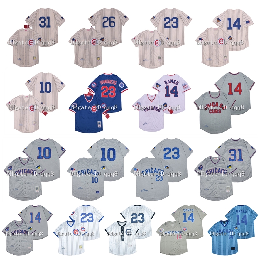 

Na85 Vintage 10 Ron Santo Jersey 14 Ernie Banks 26 Billy Williams 23 Ryne Sandberg 31 Fergie Jenkins Retro Baseball Jerseys, As pic