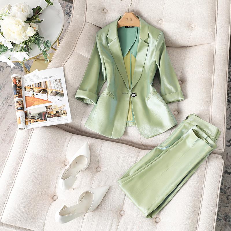 

Women' Two Piece Pants Women Satin Silk Blazers 2022 Autumn Solid Color Notched Collar Single Button Blazer Ladies OL Elegant Slim Glossy, Blue