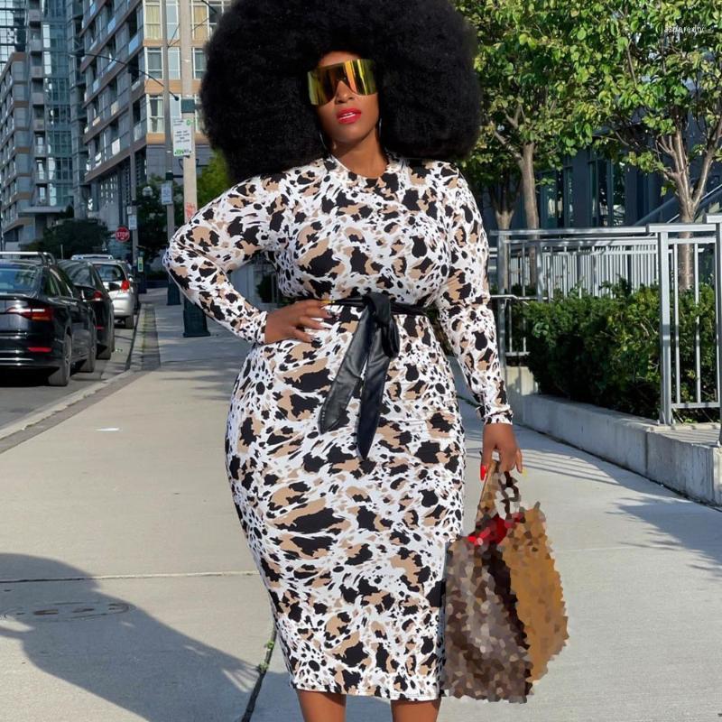 

Plus Size Dresses Autumn Winter Fashion Casual Womens Dress Printing Belt Round Neck Long Sleeve Western Style Women DressPlus Jasp22, White