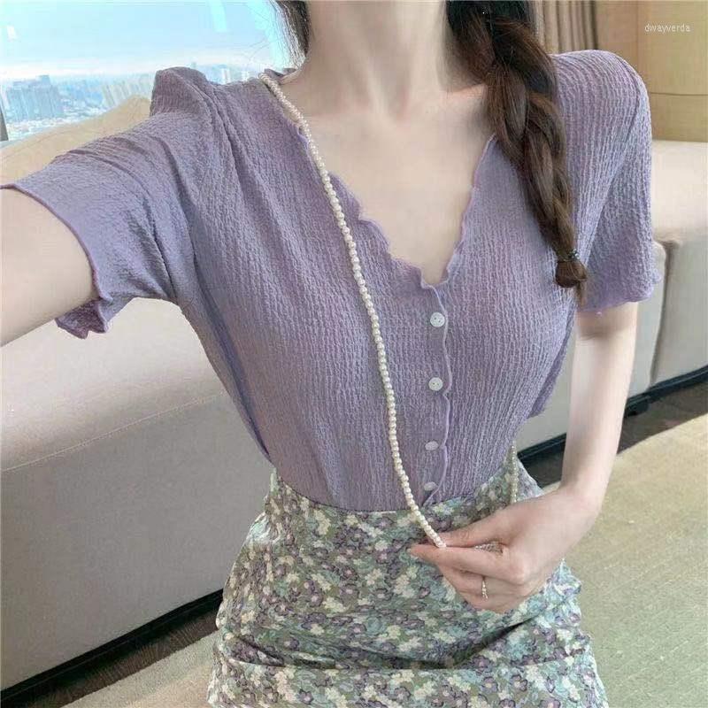 

Women' Blouses & Shirts Summer Fashion V-neck Purple Blouse Women Style Pleated Western-style Lace Short-sleeved Chiffon Shirt Woman TopsWo
