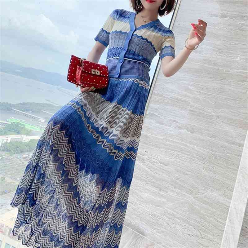 

Summer Fashion Two Piece Set Wavy stripes Knitting Short sleeve Cardigans Top High Waist Long Skirt Outfits 210526, Photo color