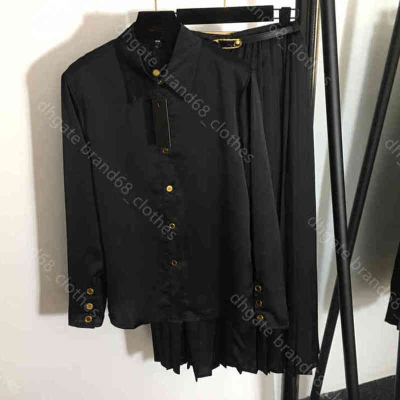 

Designer women clothes Two Piece Dress shirts pin leather belt pleated skirt silk long sleeve shirt suit solid color 5A summer female Apparel brand logo clothing a1