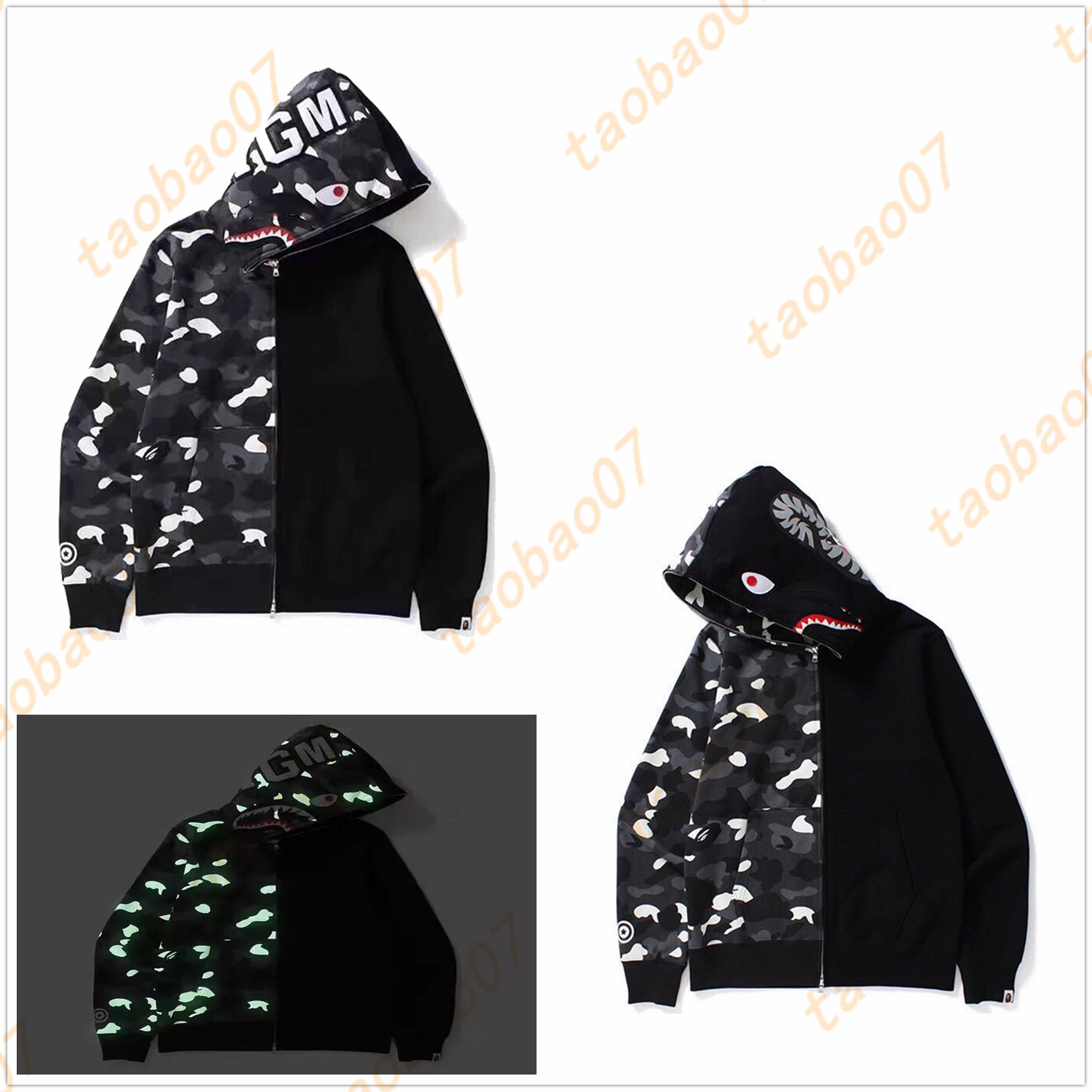 

ape hoodie mens designer hoodie men hoodies clothes shark hoodys luminous sweaters Reflective oversize Fleeces camouflage sweatshirts cardigan zipper D01, 1pcs buttons