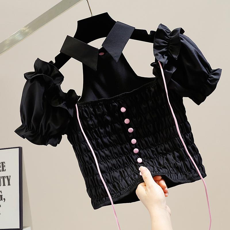 

Women's Blouses & Shirts Girls Pleated Halter Shirt Blouse Lace-up Design Sweet Ruffled Puff Sleeve Slim-Fit Short For Women Crop TopsWomen', White