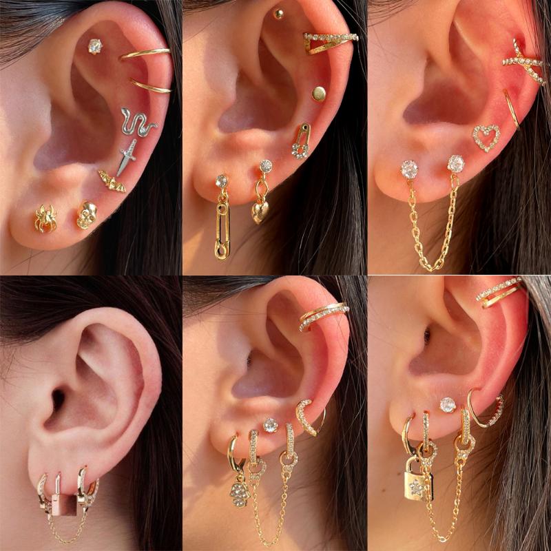 

Stud Punk Gold Snake Animal Earring Set For Women Bling Zircon Long Chain Geometric Heart Ear Cuffs Gifts JewelleryStud