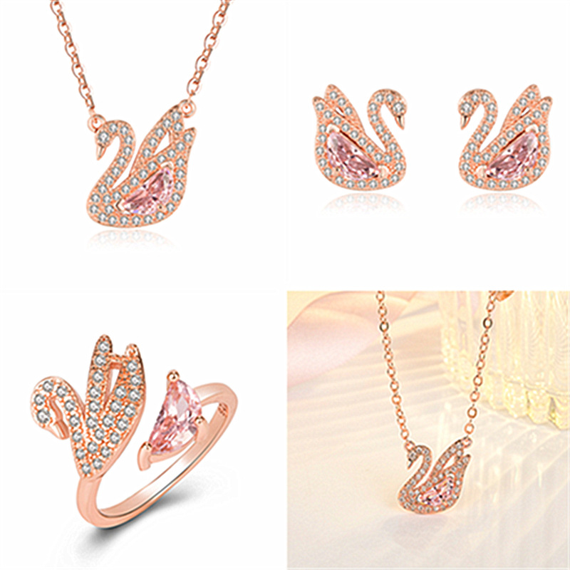 Diamond bijoux Ensemble poudre de zircon Swan Ensemble haut de gamme Unique Swan Swan Malon-lune Rose Crystal Boucles d'oreilles Collier Boucle d