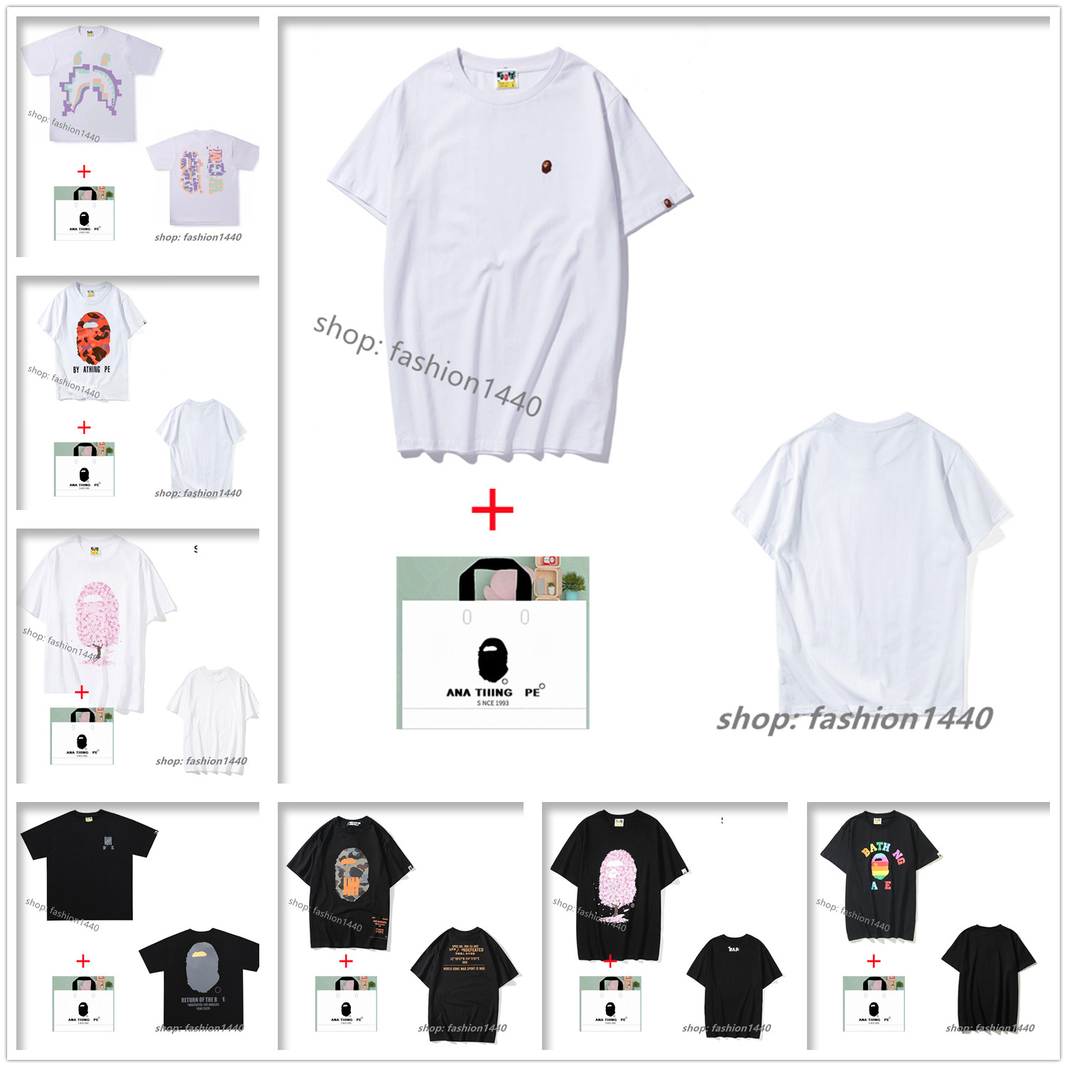 

Summer Men's T-Shirts fashion women's short-sleeved casual t-shirt apes zipper shark head reflective letters foam three-dimensional print with tote bag D15, 1 pcs button