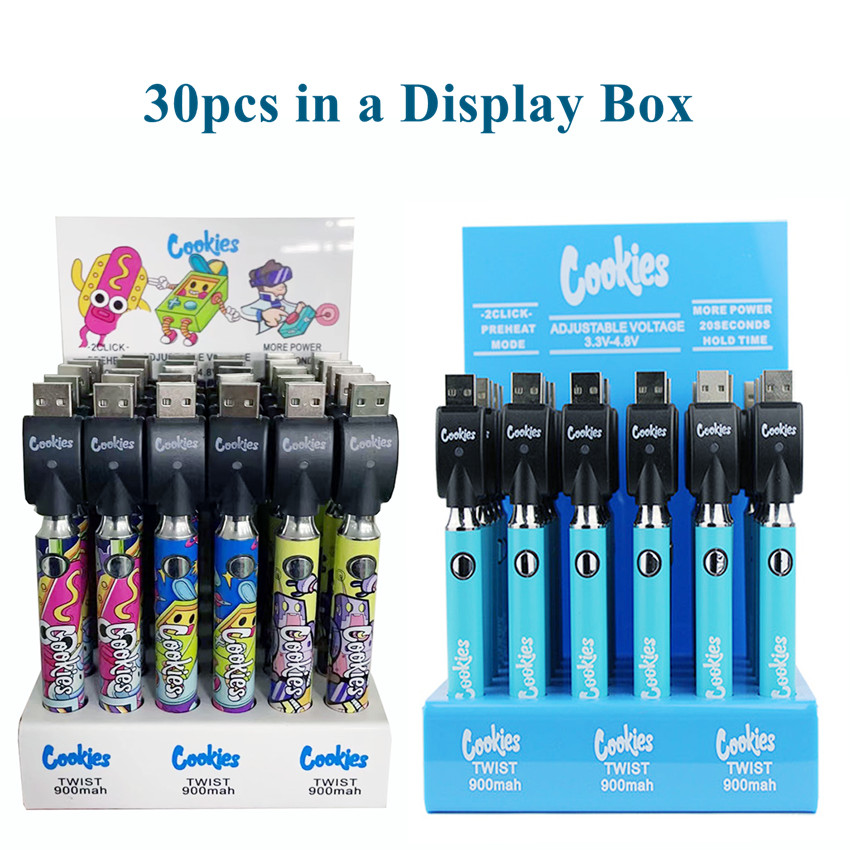 

900mAh Cartoon Cookies Preheat VV Battery Bottom Voltage Adjustable Usb Charger Vape Pen Kits For 510 Cartridges 30Pcs A Display Box Backwoods
