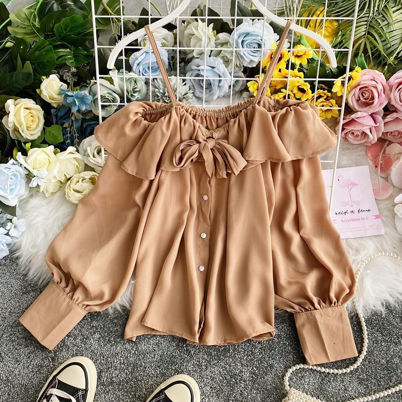 

Women's Blouses & Shirts HISUMA 2022 Summer Female Slash Neck Lantern Sleeve Lace-up Ruffles Chiffon Shirt Chic Fairy Tops, Black