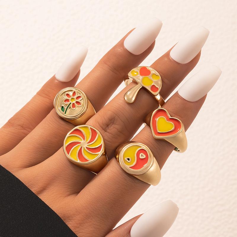 

Cluster Rings 5pcs/sets Colorful Mushroom Tai Chi Joint Ring Sets For Women Pretty Flowers Geometry Alloy Metal Party Jewelry 19895