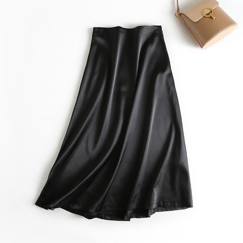 

Glossy Silver Mid-calf Long Soft Smooth Silk Satin Skirts Office Lady Hight Waist Women Wine Red Party Skirt Luxury, Black 01