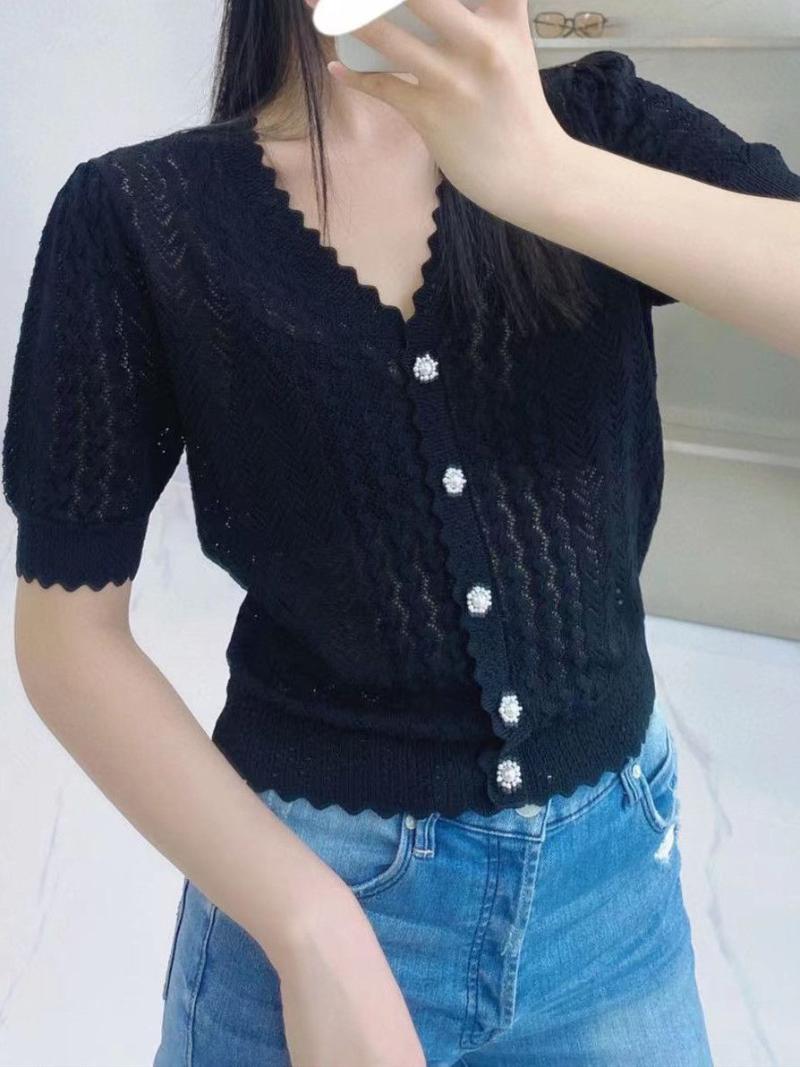 

Women' Sweaters Women' Pearl Button Hollow Out Jacquard Knit Sweater 2022 Summer V-Neck Short Sleeve Top Solid Color Knitted JumperWom, Black