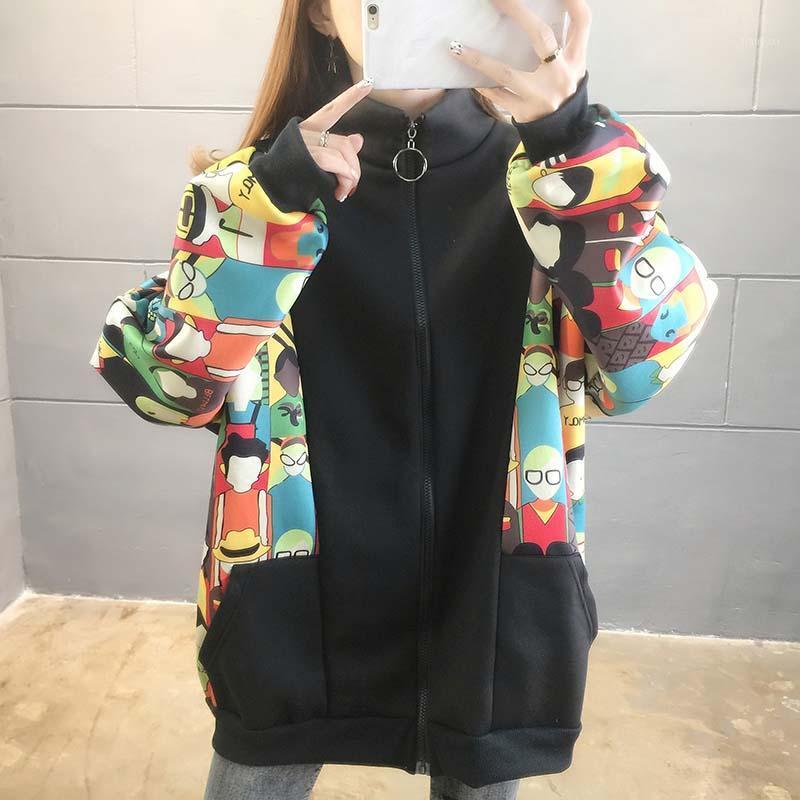 

Zipper Turn Down Sweatshirt Black Winter Women Splicing Cartoons Print Long Hoodies Casual Pocket Oversized Top Batwing K'po'p Women's & Swe