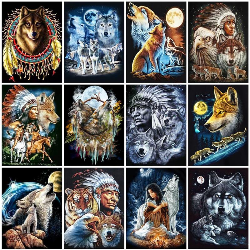 

Paintings Painting By Numbers Wolf Moon Oil For Adults DIY Kit Canvas Frame Picture Drawing Coloring Decor