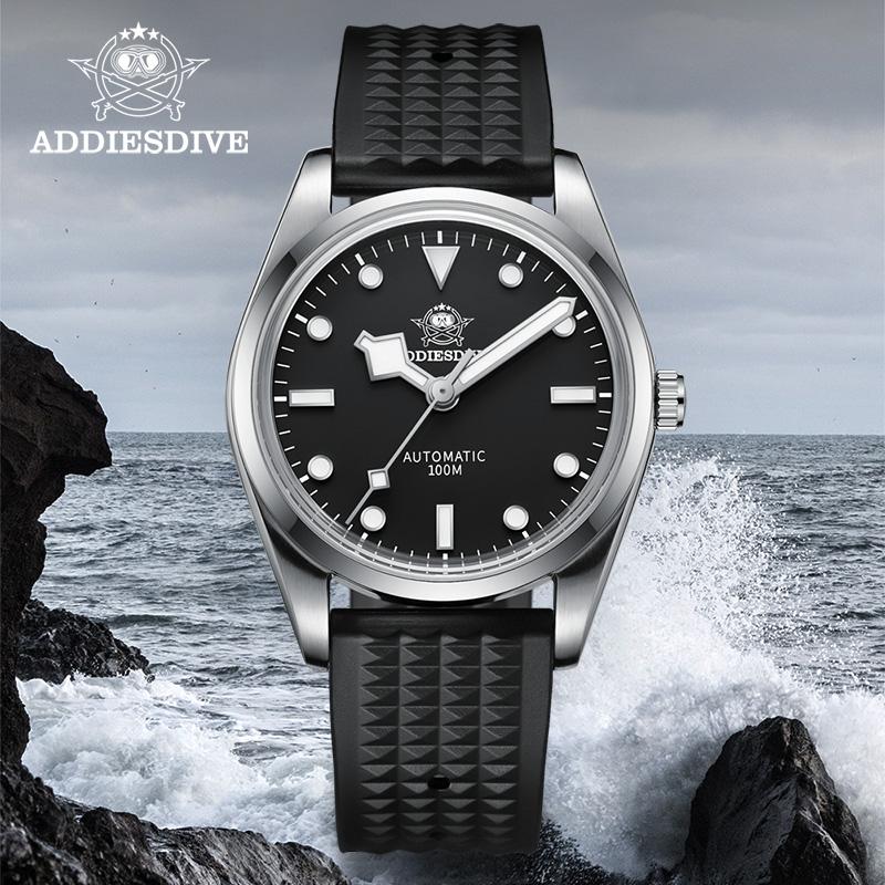 

Wristwatches ADDIESDIVE 38mm Men Watch Diving Fashion Simple Style 10Bar Waterproof Luminous Sapphire NH38 Automatic Mechanical WatcheWristw, Black steel