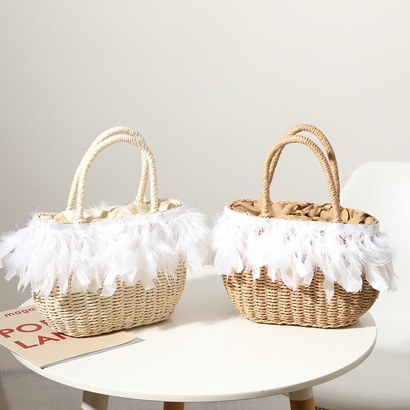 

Evening Bags Straw Bag Female Style Fairy Feather Woven Fashion Handbag Seaside Travel Vacation Beach BagEvening, Brown white