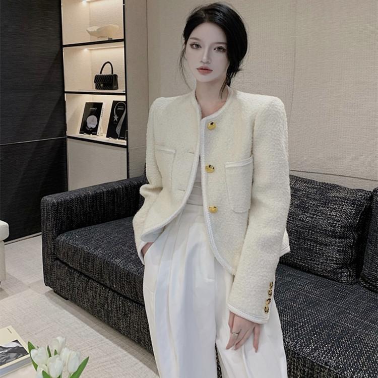 

Women' Jackets 2022 Fall Fashion French Long Sleeve Textured Metal Top Short Style Small Fragrance Temperament, White