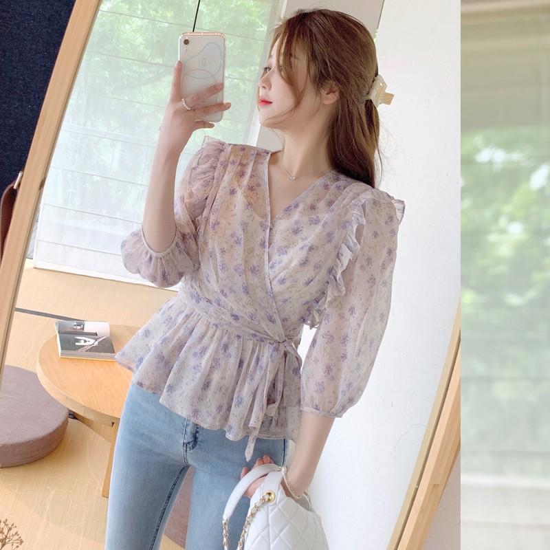 

Women' Blouses & Shirts 2022 Korean Shirt Long Sleeve Floral Print Chiffon Female Pleated Waist Sweet Women Office, Picture