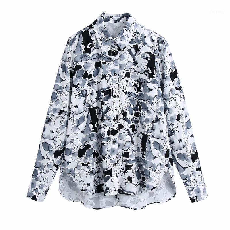 

Women's Blouses & Shirts Vintage Chic Pocket Ink Style Print Blouse Women Fashion Turn-down Collar Long Sleeve Female Elegant Tops, As pic