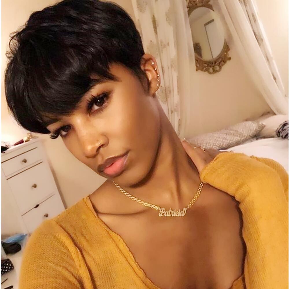 

Short Pixie Cut Human Hair Wigs Machine Made Straight Remy Brazilian none lace Wig for Black Women Glueless Wigs with Bangs, #1b