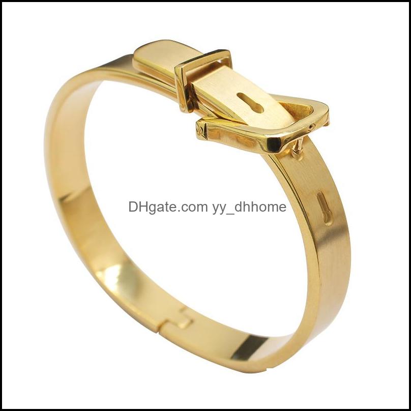 

Bangle Bracelets Jewelry Fashion 316L Titanium Steel Wide Belt Buckle Bracelet Charm Gold Cuff Bangles Size For Women Men Pseira Feminina Dr