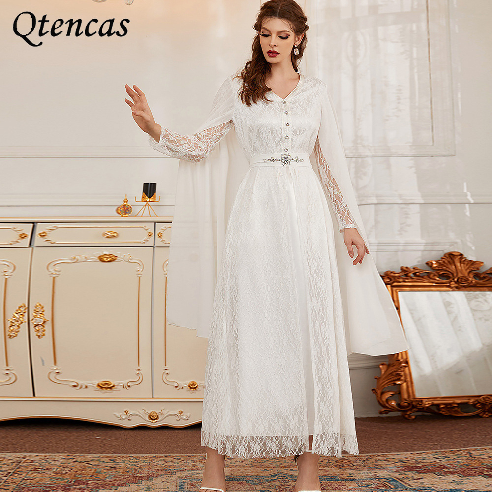 

Ramadan Eid Lace White Abaya Dubai Arabic Turkey Cloak Islam Indian Muslim Evening Dress for Women kaftan Robe De Soiree Femme