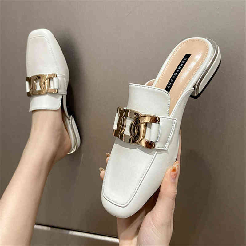 

Leather Sandals Shoes Woman Baotou Half Slippers Women's Summer Fashion 2022 New Style Thick Heel Flip Flops For Women 220624, Black