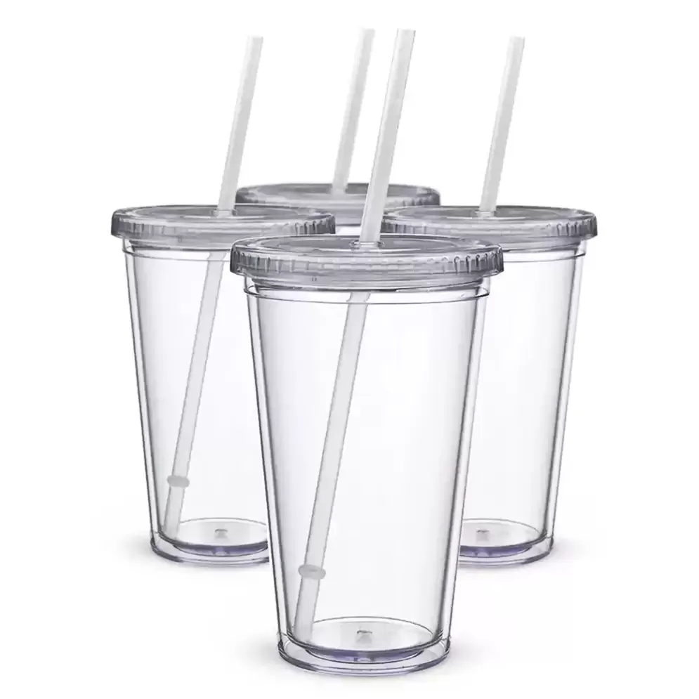 

16oz Plastic Tumblers Double Wall Acrylic Clear Drinking Juice Cup With Lid And Straw Coffee Mug DIY Transparent Mugs FY5391
