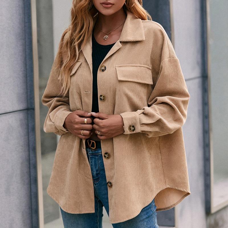 

Women' Jackets Ailegogo Spring Autumn Women Corduroy Singe Breasted Loose Jacket Streetwear Female Solid Color Pocket Tops Ladies Outwear, Light khaki