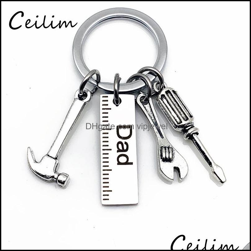 

Key Rings Jewelry Personalized Diy Stainless Steel Keychain Engraved Dad Papa Grandpa Hammer Screwdriver Wrench Tools Fathers Day Drop Deliv