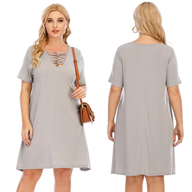 

Plus Size Dresses 2022 Women Dress Solid Grey Short Sleeve Larges Big Plussize O-neck Clothes Clothing Casual Wear For Female Suits, 200329