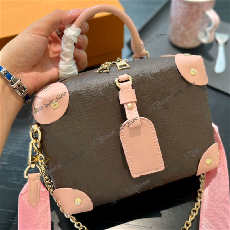 

PETITE MALLE SOUPLE handbag crossbody shoulder bag coated canvas riveted leather corners gold-color nautical chain wide removable strap leather luggage tag, 1 /embossing