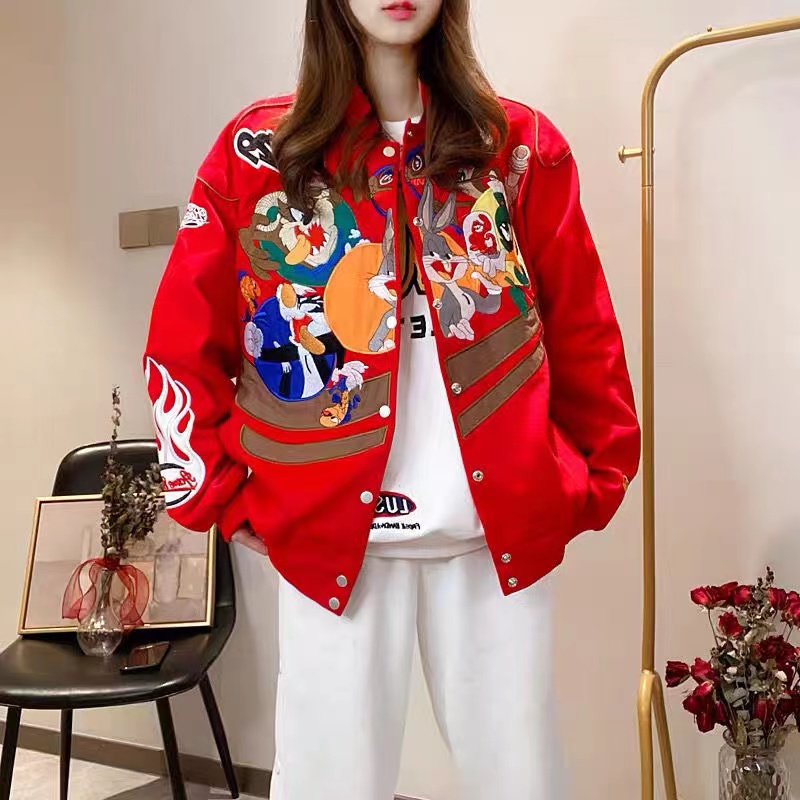 

Women' Jackets designer American fashion brand spring and Autumn new Chinese fashion baseball suit hip hop heavy industry embroidere, Red