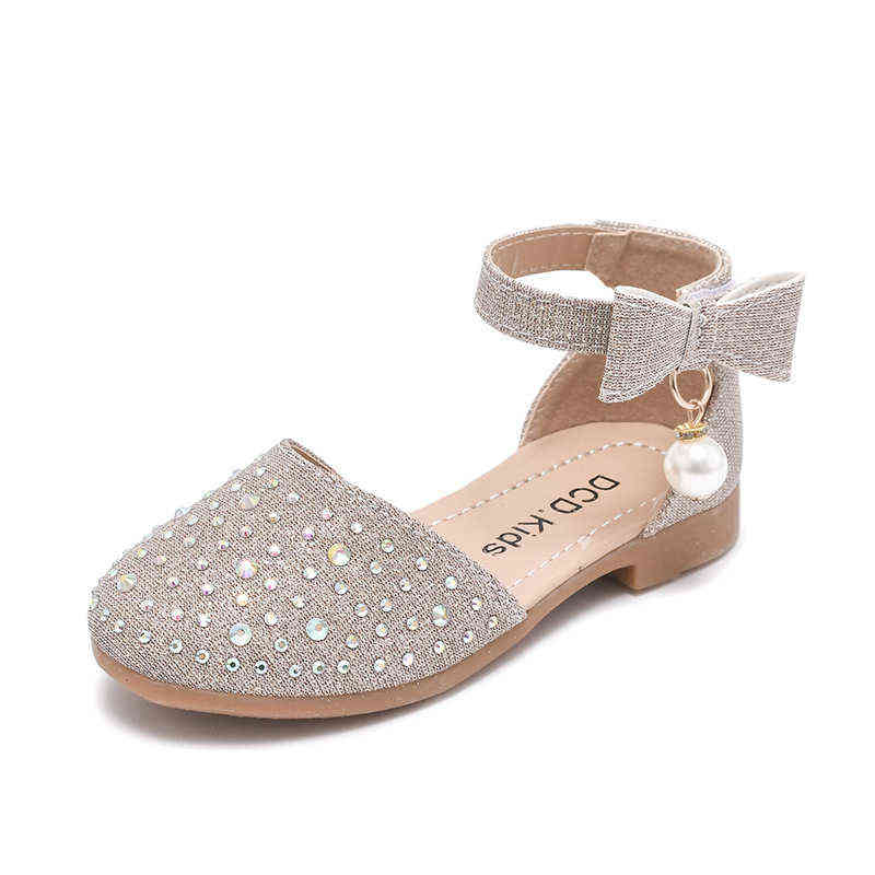 

Girls Half Sandals Children Shoes 2022 Summer Princess Glitter Kids Dress Shoes for Wedding Party Ankle Strap Rhinestone Bowtie G220418, Silver