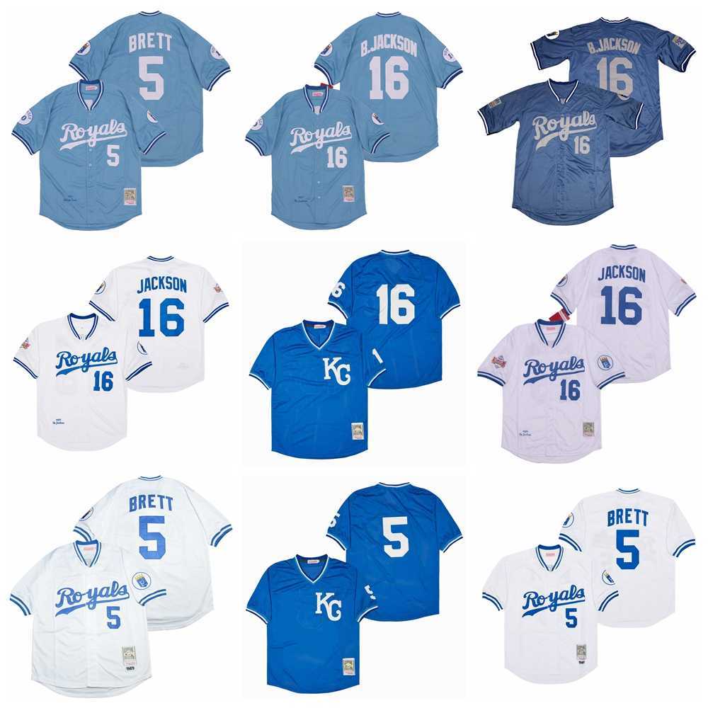 1985 1987 1989 Throwback Baseball 16 Bo Jackson Jersey 5 George Brett Vintage Retro Cool Base Pullover Team Color Blue White All Stitched For Sport