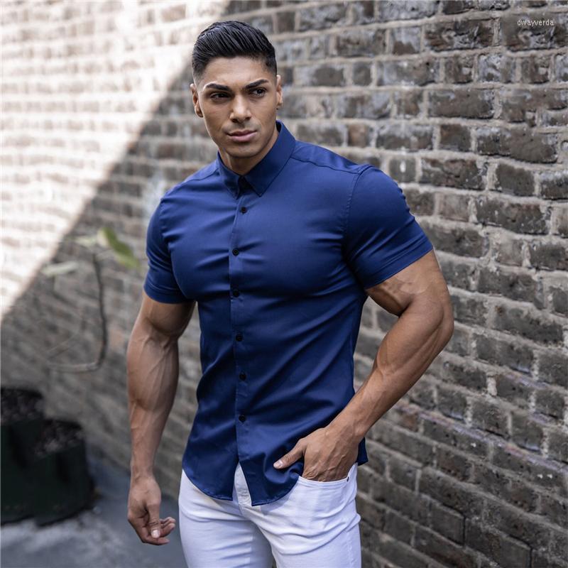 

Men's Dress Shirts Men Fashion Casual Short Sleeve Solid Shirt Super Slim Fit Male Social Business Brand Fitness Sports ClothingMen's Dway22, Black