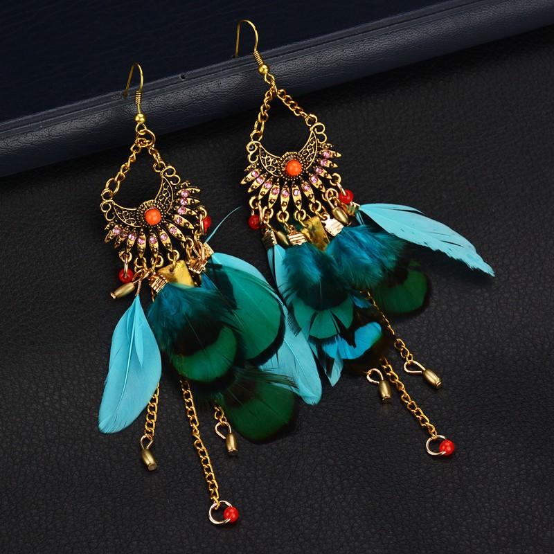 

Dangle & Chandelier Fashion Green Natural Feather Earring Boho Gold Metal Long Drop Hanging Earrings For Women Statement Christmas JewelryDa