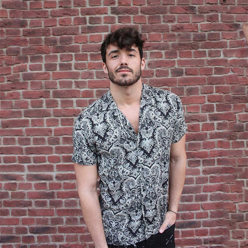 

Summer Men's Printed Shirt Short Sleeve Hem Loose Casual Shirts 210701, Beige