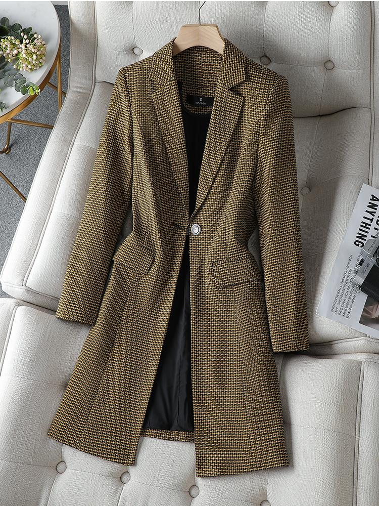 

Women' Suits & Blazers Women Yellow Red Gray Blue Plaid Long Blazer Coat Autumn Winter Ladies Single Button Formal Jacket FemaleWomen, Blue blazer