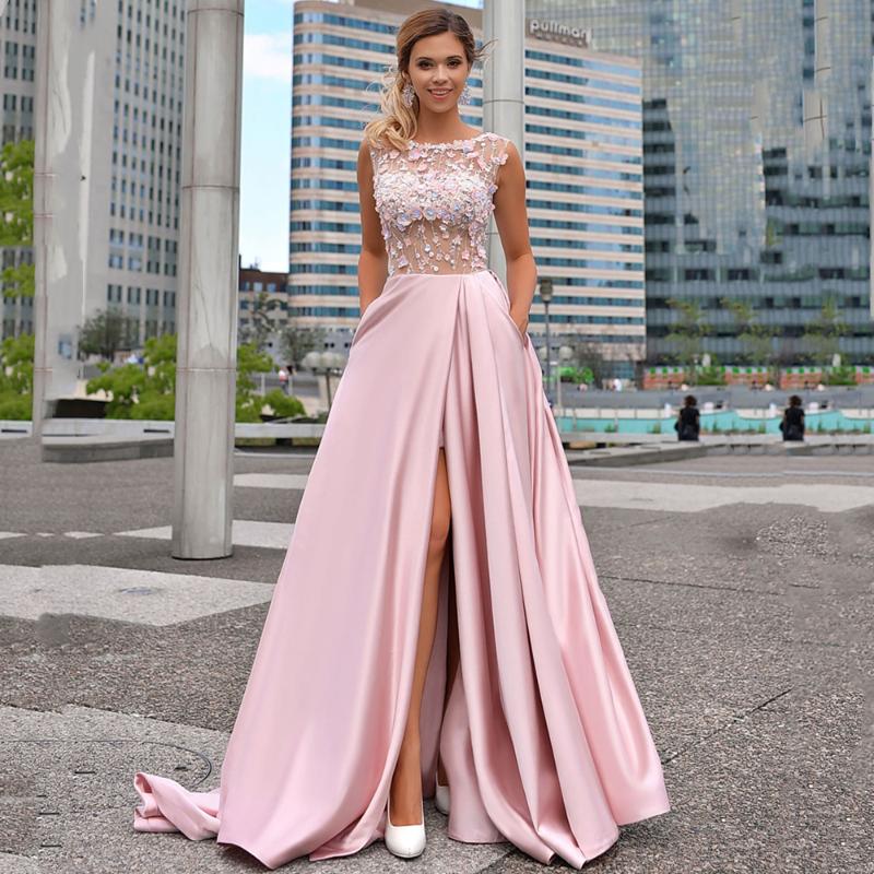 

Party Dresses Princess A Line Pink Prom 2022 Sexy Side Slit O Neck Sleeveless 3D Flowers With Lace Appliques For Women GownParty, Custom made