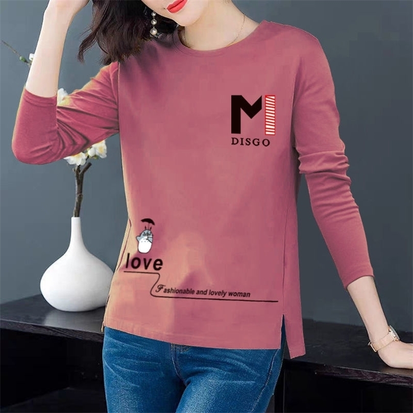 

Woman Tshirts Women's Long-Sleeved T-shirt Spring and Autumn Top Loose plus Size Crew Neck Ropa Mujer Camisetas 220407, Pink-4